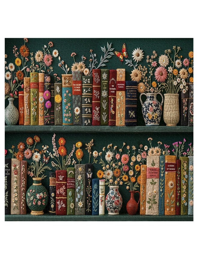 PPuzzling Wildflower Pages Puzzles for Adults 1000 Pieces, Vintage Flower Book Art Puzzle, Colorful Blooming Bookshelf Jigsaw Puzzle, Retro Floral Plant Aesthetic Puzzles for Book Lovers - Image 1